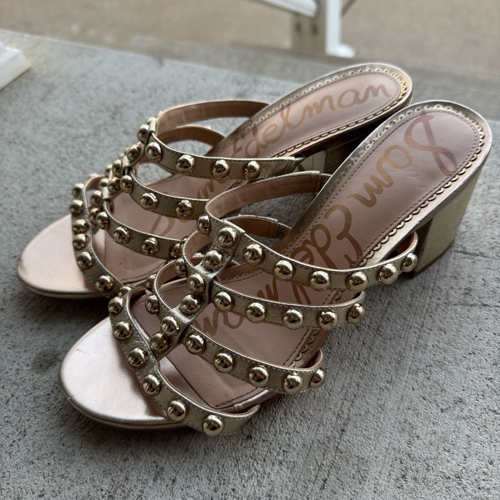 SAM EDELMAN Suri Champagne Gold Studded Mule Heels Size 8 Women Heels 3" Block - Picture 2 of 7